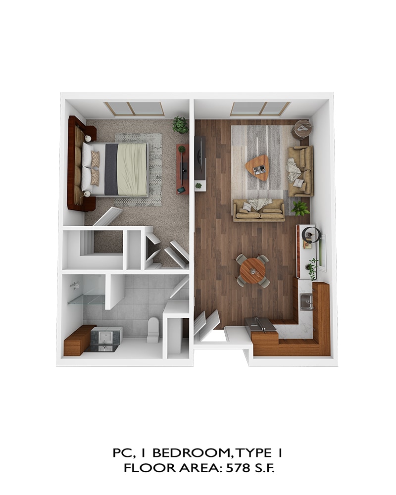 Personal Care 1 bedroom type 1, floor area: 578sqft