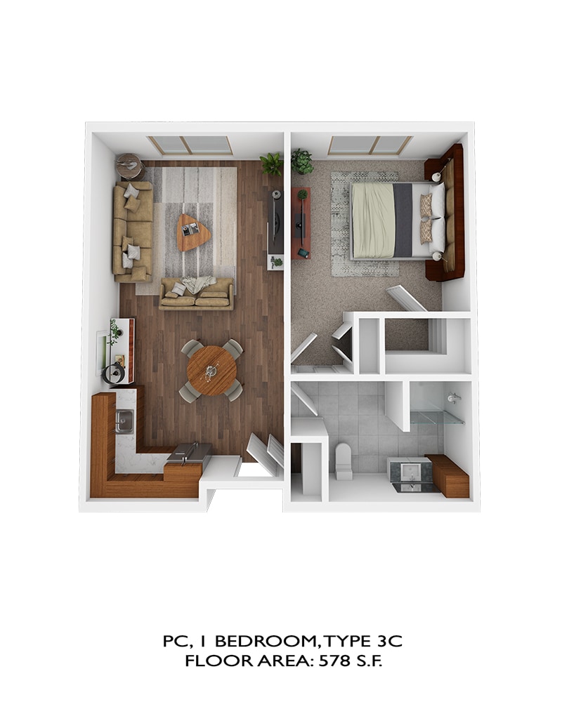Personal Care bedroom type 3c, floor area: 578sqft