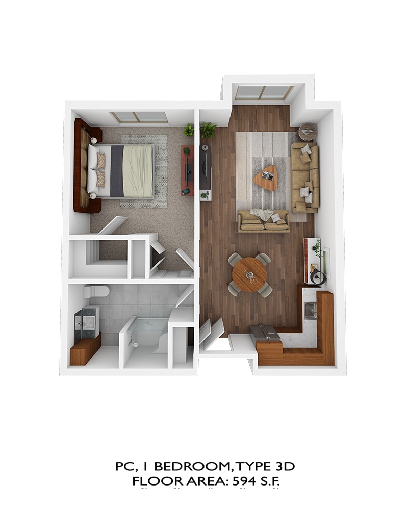 Personal Care 1 bedroom type 3d, floor area: 594sqft