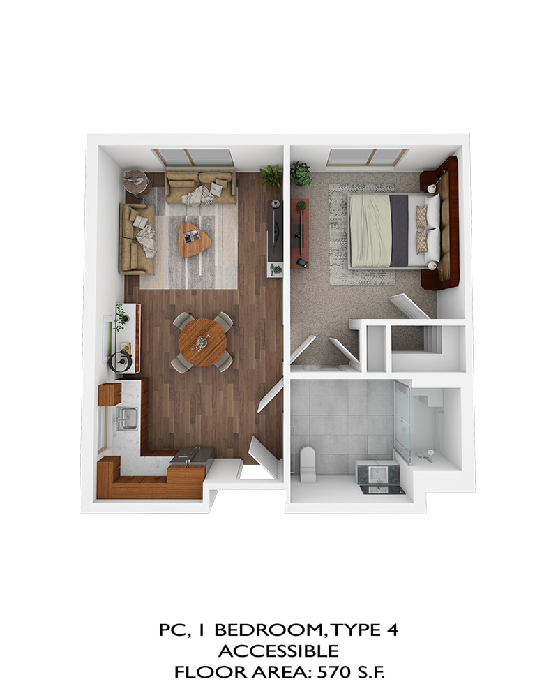 Personal Care 1 bedroom type 4, accesible. floor area: 570sqft
