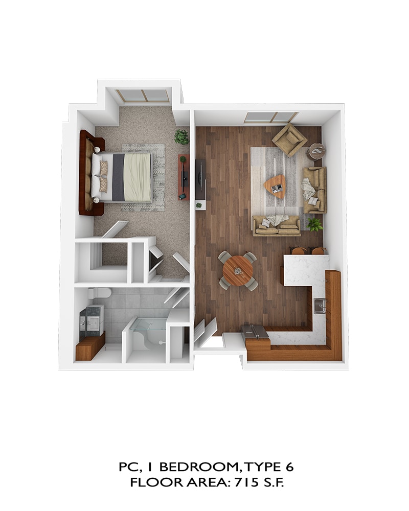 Personal Care 1 bedroom, type 6. floor area: 715sqft