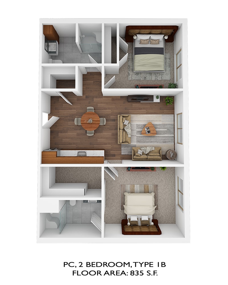 Personal Care 2 bedroom, type 1b. floor area: 835sqft