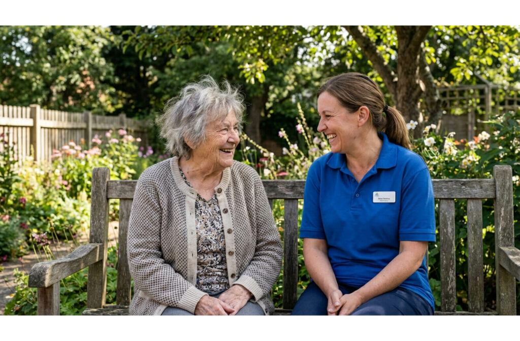 Older adult and caregiver sitting on a garden bench smiling and interacting in a sunlit outdoor space.