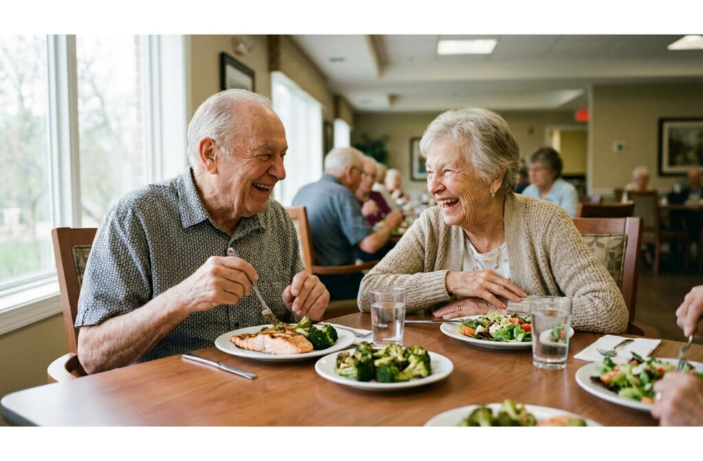 Older adults laughing and conversing while enjoying a nutritious lunch at a dining table near a window.